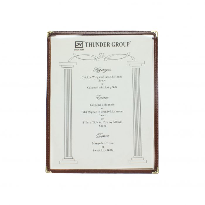 Thunder Group Single Menu Cover is a professional and durable solution for presenting menus in any dining setting. Measuring 8 1/2" x 11", this menu cover features a single pocket with two viewing panels, making it easy for guests to navigate food and drink options. Constructed from flexible plastic laminate, it offers excellent resistance to daily wear and tear while maintaining a clean, polished appearance.