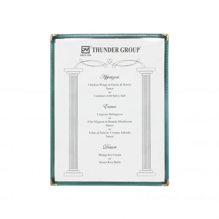 Thunder Group Single Menu Cover is a professional and durable solution for presenting menus in any dining setting. Measuring 8 1/2" x 11", this menu cover features a single pocket with two viewing panels, making it easy for guests to navigate food and drink options. Constructed from flexible plastic laminate, it offers excellent resistance to daily wear and tear while maintaining a clean, polished appearance.