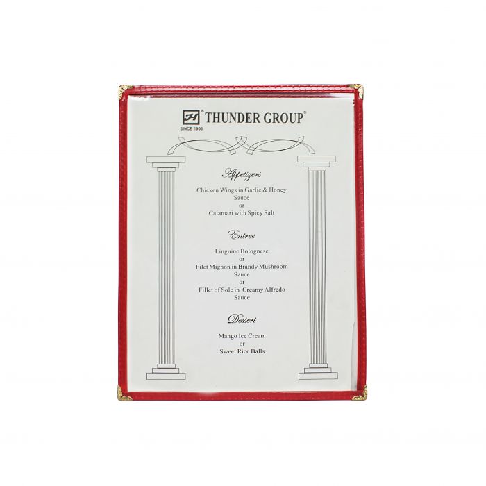 Thunder Group Single Menu Cover is a professional and durable solution for presenting menus in any dining setting. Measuring 8 1/2" x 11", this menu cover features a single pocket with two viewing panels, making it easy for guests to navigate food and drink options. Constructed from flexible plastic laminate, it offers excellent resistance to daily wear and tear while maintaining a clean, polished appearance.