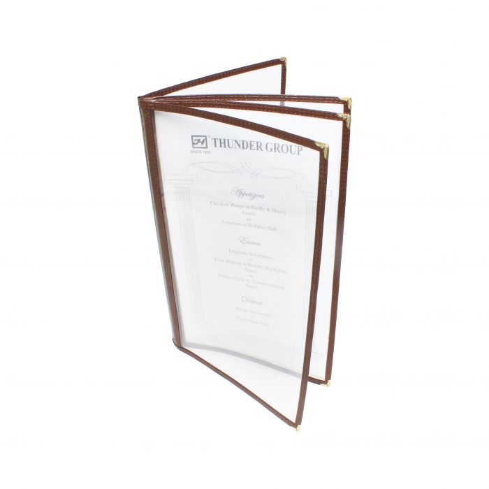 Thunder Group 4 Page Book Fold Menu Cover is a professional and durable menu presentation solution tailored for the food service and hospitality industry. With a 4-page book fold design, this menu cover allows for a comprehensive display of menu offerings, making it ideal for establishments with a broad selection of dishes and beverages. Made from flexible plastic laminate, it stands up to daily wear and tear while remaining easy to clean and maintain.