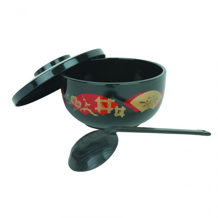 Thunder Group Donburi Bowl offers a thoughtful combination of style and practicality, ideal for serving noodles, soups, and rice-based dishes. With a 30-ounce capacity, it provides ample space for generous portions, while the included lid and ladle create a complete and convenient serving set. Crafted from durable plastic, this bowl is lightweight yet resilient, suitable for daily use in both commercial and home kitchens.