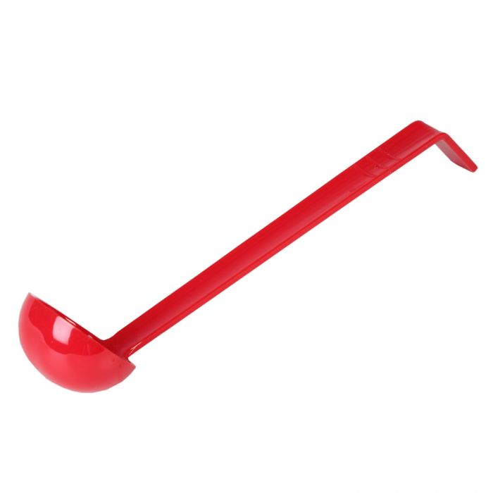 Thunder Group Ladle is a reliable tool engineered for precise portioning in professional kitchens. With a 3/4 oz. bowl and an 8 1/2" length, this one-piece ladle is ideal for controlled serving of dressings, sauces, and condiments. Made from durable polycarbonate, it offers excellent resistance to heat, breakage, and staining, while remaining lightweight for ease of use. Its neutral red tone complements various kitchen environments and color-coded utensil systems.