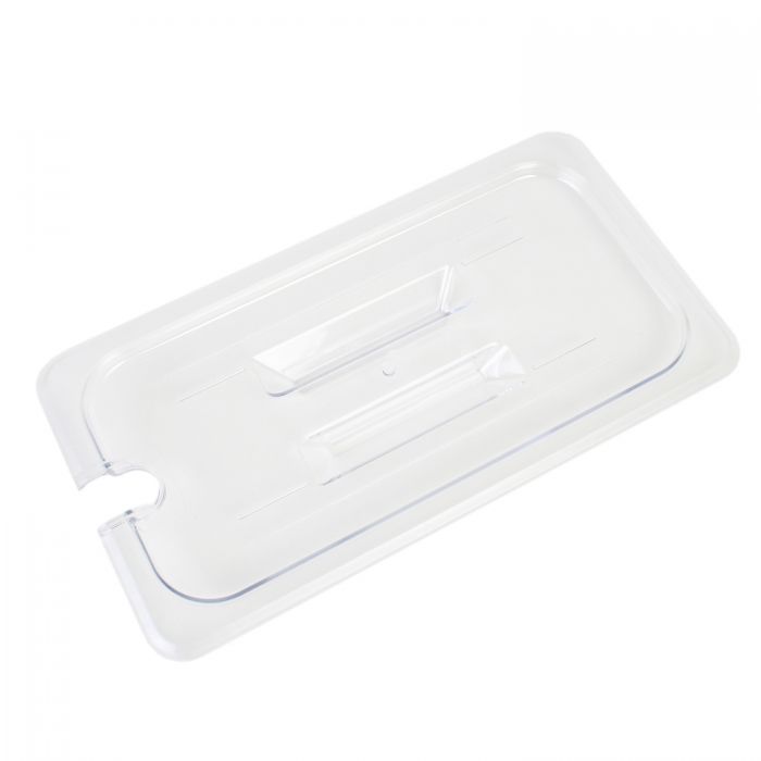 Thunder Group Slotted Cover For Third Size Food Pan is a dependable solution for commercial kitchens that prioritize durability and efficiency. Designed to fit third-size food pans, this solid cover is made from high-quality polycarbonate, offering excellent resistance to breakage and scratching. Its clear construction allows for easy visibility of contents without the need to remove the lid, helping streamline kitchen operations. A built-in handle ensures a secure grip for quick and convenient use.