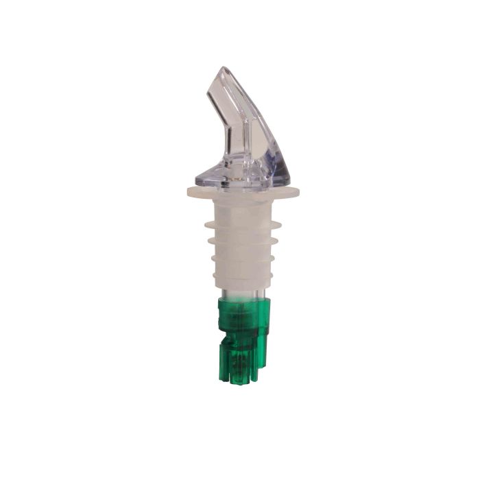 Thunder Group Measured Liquor Pourer 12/Pcs features a color-coded green tail and sleek collarless design, made from durable acrylonitrile for precise consistent pours. It fits standard 750 ml liquor bottles and dispenses an exact 0.75 oz (3/4 oz) shot every time, helping control portions, reduce waste, and speed up bar service. The green tail makes it easy to quickly identify pour size or specific spirits, ideal for busy bars, restaurants, and home bar setups.