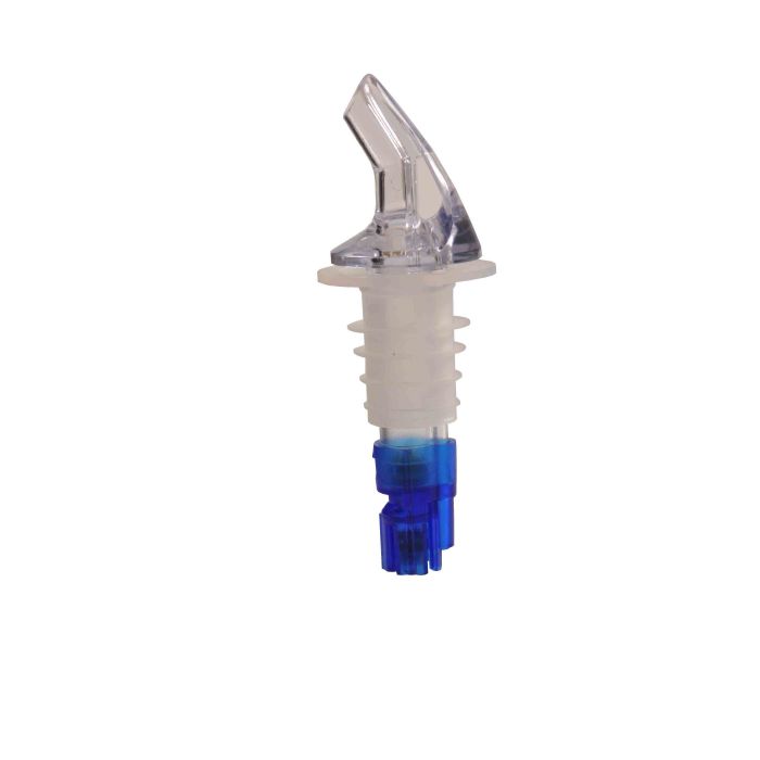 Thunder Group Measured Liquor Pourer 12/Pcs features a color-coded blue tail and a sleek collarless design, precisely crafted from durable acrylonitrile for consistent reliable pours. Designed to fit standard 750 ml liquor bottles, it accurately dispenses a 0.88 oz (7/8 oz) shot, making it perfect for controlling portions, reducing waste, and boosting service speed in bars, restaurants, or home setups.