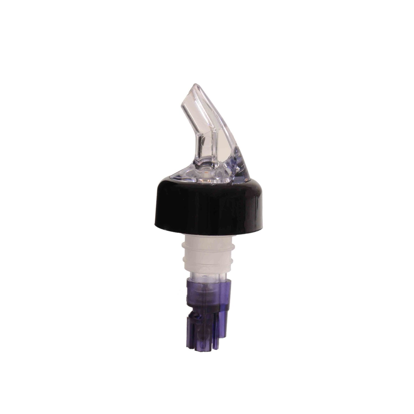 Thunder Group Measured Liquor Pourer 12/Pcs features a color-coded purple tail with a sleek black collar, expertly crafted from durable acrylonitrile to deliver consistent pours every time. Designed to fit standard 750 ml liquor bottles, it accurately dispenses a 1.13 oz (1-1/8 oz) shot, making it ideal for controlling portions, reducing waste, and improving speed in busy bars, restaurants, or home bar setups.