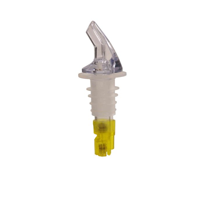 Thunder Group Measured Liquor Pourer 12/Pcs features a bright color-coded yellow tail with a sleek collarless design, crafted from durable acrylonitrile to ensure precise consistent pours. Made to fit standard 750 ml liquor bottles, it delivers an exact 1.5 oz (1-1/2 oz) shot every time, making it perfect for portion control, reducing waste, and improving bar service speed.