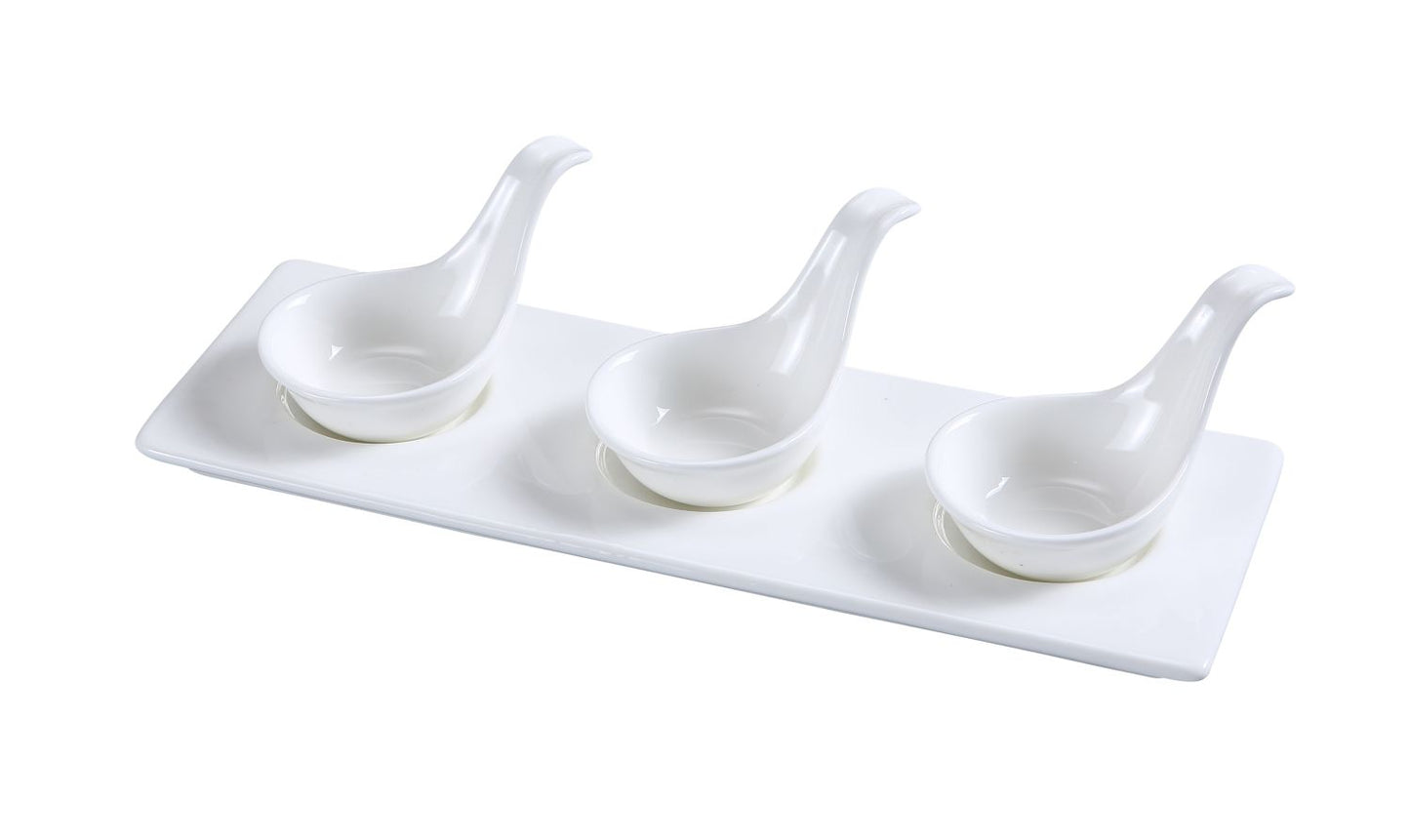 Yanco Three Spoon With Tray PS-721 12/Pcs is a refined and practical addition to your tableware collection, designed for serving small portions of herbs, spices, dips, and sauces. This set includes three 2-ounce porcelain spoons, each 2 inches long, placed neatly on a 10.5x3.5-inch tray. The high-quality porcelain features a smooth glaze finish, enhancing the elegance of your table setting.