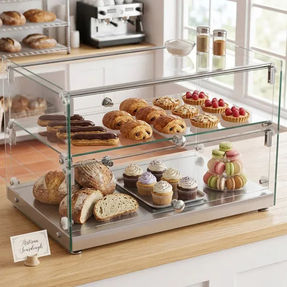 Marchia SA50 22" Dry Glass Countertop Bakery Display Case, Dual Service, perfect for showcasing baked goods and pastries with accessible front and rear doors for convenient customer and staff use.