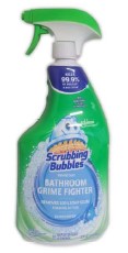Scrubbing Bubbles Bathroom Grime Fighter Spray, 32 fl oz, Rainshower scent, cleans soap scum, grime, and limescale from bathroom surfaces.