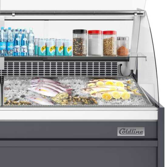 The Coldline SDC98-F is a 98-inch refrigerated fish display case with an ice bin and drain, designed for showcasing large quantities of fresh fish while facilitating efficient ice management and drainage.