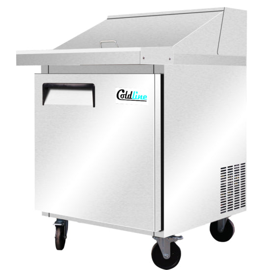 Coldline SMP27-T 27-inch refrigerated sandwich prep table featuring a 12" deep removable cutting board, 9 x 1/6 size food pans, self-closing door, insulated roll top lid, and a 1/5 HP refrigeration system maintaining temperatures between 33°F and 41°F.
