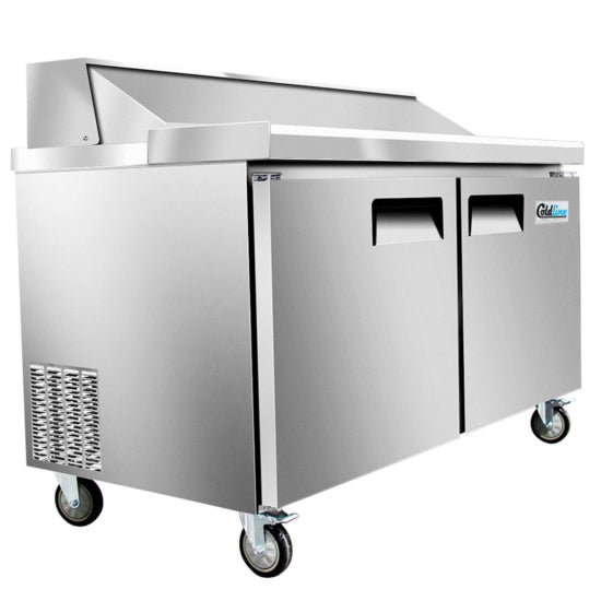 Coldline SP60T 60-inch refrigerated sandwich prep table featuring a 12" deep removable cutting board, 16 x 1/6 size food pans, self-closing doors, insulated roll top lid, and a 1/4+ HP refrigeration system maintaining temperatures between 33°F and 41°F.