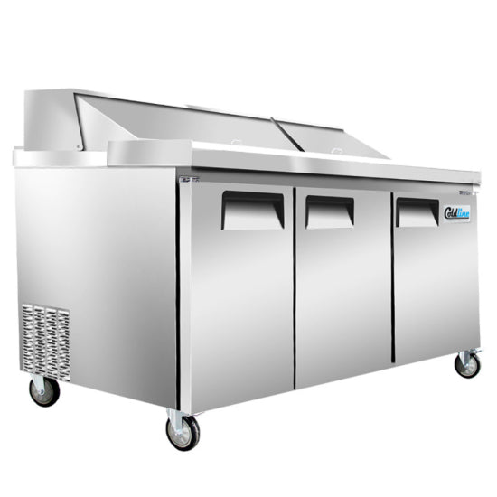 Coldline SP72T 72-inch refrigerated sandwich prep table featuring a 12" deep removable cutting board, 18 x 1/6 size food pans, self-closing doors, insulated roll top lid, and a 2/3 HP refrigeration system maintaining temperatures between 33°F and 41°F.