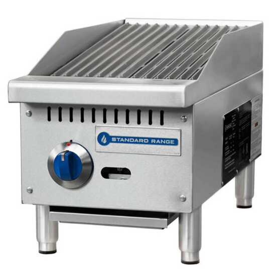 Standard Range SR-CB12-M 12" gas countertop radiant charbroiler, designed for efficient grilling in compact spaces, ideal for cooking a variety of meats and vegetables in commercial kitchens.