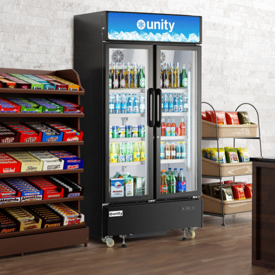 Unity U-40M 39-inch two-glass door merchandiser refrigerator with energy-efficient LED lighting, adjustable heavy-duty shelves, digital temperature control, and eco-friendly R290 refrigerant, ideal for displaying beverages and perishables in commercial settings.