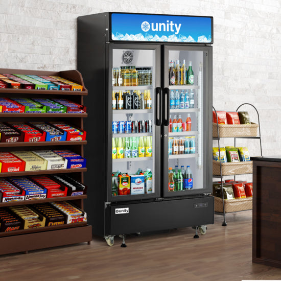 Unity U-48M 47-inch two-glass door merchandiser refrigerator with energy-efficient LED lighting, adjustable heavy-duty shelves, digital temperature control, and eco-friendly R290 refrigerant, ideal for showcasing beverages and perishables in commercial settings.