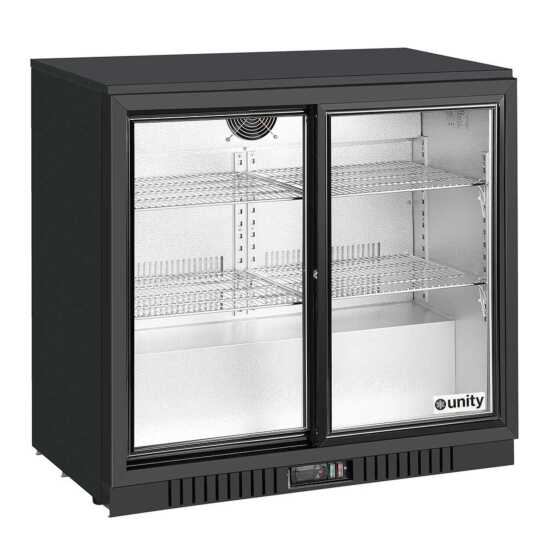 36-inch countertop two sliding door merchandising bar cooler, designed for easy access and product visibility. Perfect for displaying beverages in bars, cafes, or small retail spaces, combining style and functionality.