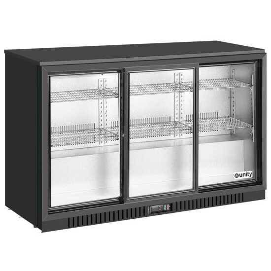 54-inch three sliding door merchandising bar cooler, offering ample storage and easy access to beverages. Ideal for bars, cafes, or retail spaces, with a sleek design for efficient product display.