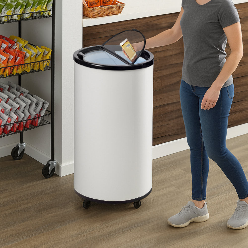 Unity U-BF2 white barrel merchandiser freezer with a 2 cu. ft. capacity, offering a compact and stylish design for efficiently displaying frozen products in retail environments.