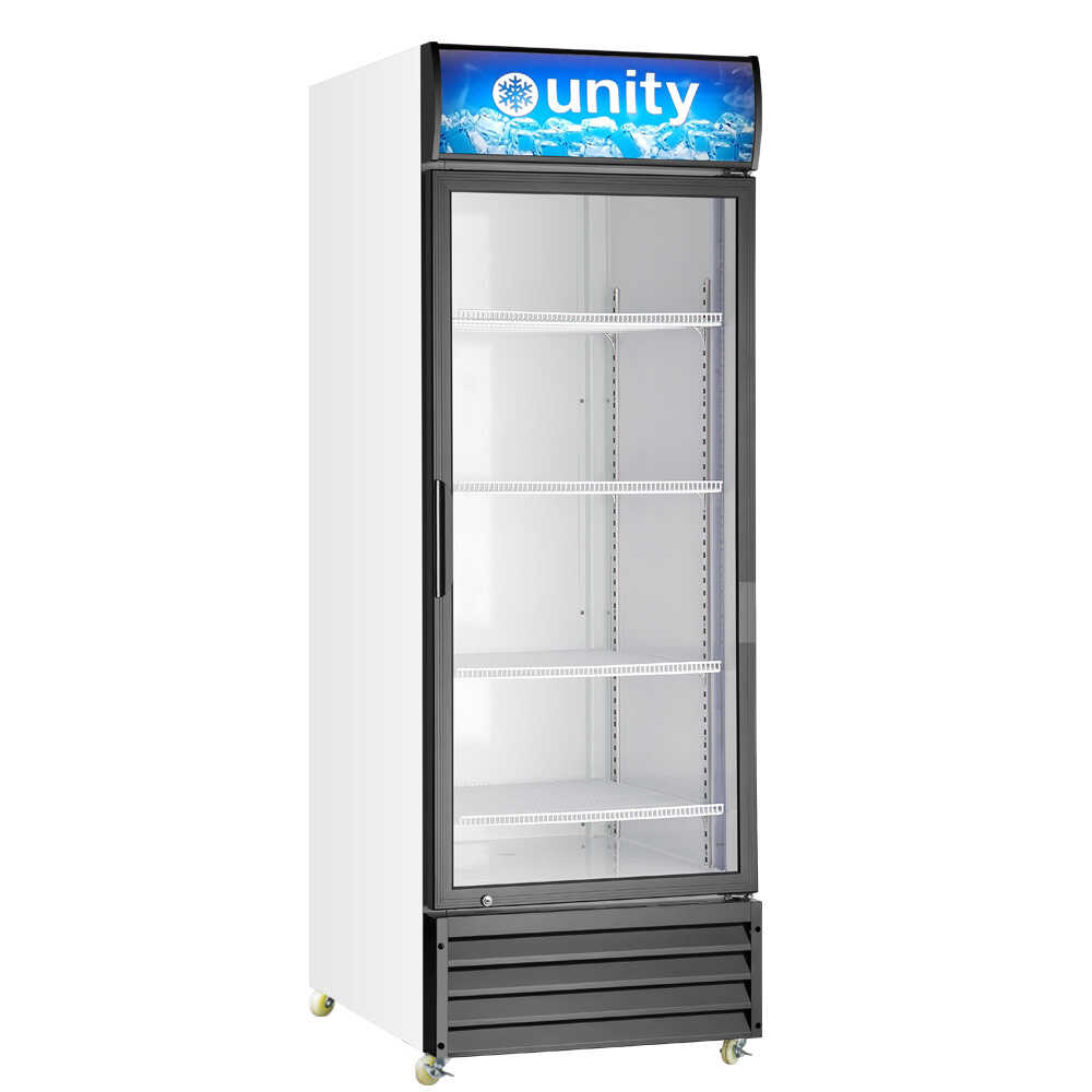 Unity U-GM3 68-inch three glass door merchandiser refrigerator with LED lighting. This large-capacity unit features three glass doors for easy access and maximum visibility of stored products, making it ideal for busy retail or foodservice environments. The integrated LED lighting ensures bright and clear illumination, highlighting merchandise for optimal presentation. With its sleek design and spacious interior, this merchandiser is perfect for showcasing beverages, snacks, or other products in commercial