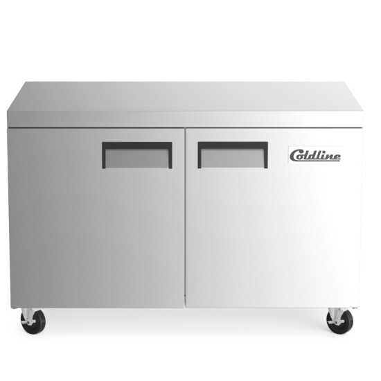 The Coldline UC-48F is a 48-inch undercounter worktop freezer with a 12 cu. ft. capacity, designed to store frozen goods efficiently while providing a reliable surface for food preparation in kitchens.