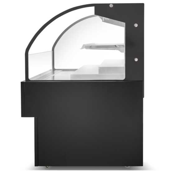 The Marchia USTAR36G 36" black low profile open air cooler grab-and-go refrigerator features a sleek, space-saving design with adjustable shelves, energy-efficient LED lighting, and easy access for chilled products.