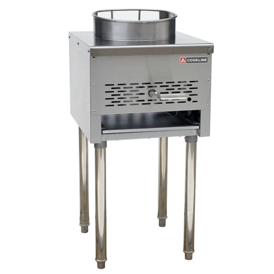 Commercial single-ring wok range with a powerful 95,000 BTU jet burner, designed for high-heat stir-frying in busy kitchens. Features a 13" wok ring, heavy-duty stainless steel body, standing pilot ignition, gradual slope design to reduce spills, crumb tray, and included gas regulator. Natural gas model with LP conversion kit included.