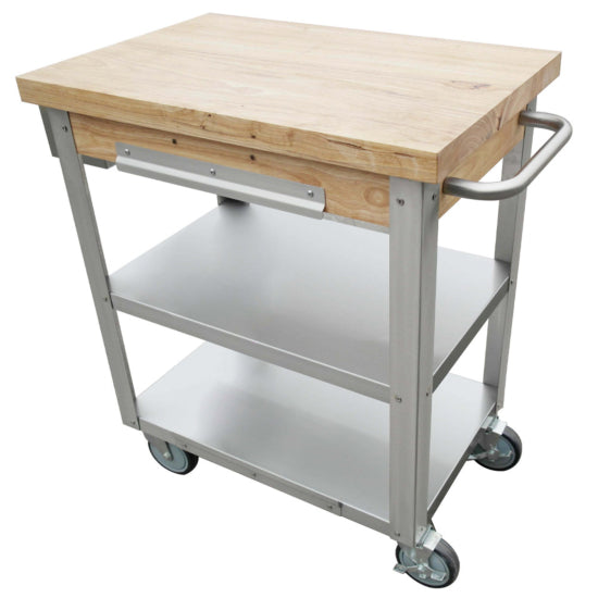 Prepline 20" x 30" stainless steel utility trolley cart with a sturdy wood top and undershelves. Designed for durability and versatility, it’s perfect for transporting, organizing, or prepping items in commercial kitchens, restaurants, or workshops.