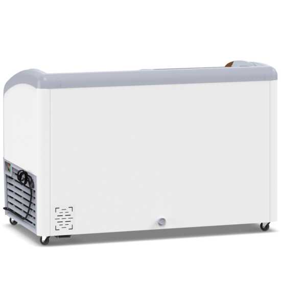 Coldline XS360 50" Curved Glass Ice Cream Freezer with LED Lighting, 13 cu. ft., offers generous storage and a sleek curved glass design. LED lighting enhances visibility and showcases frozen treats effectively.