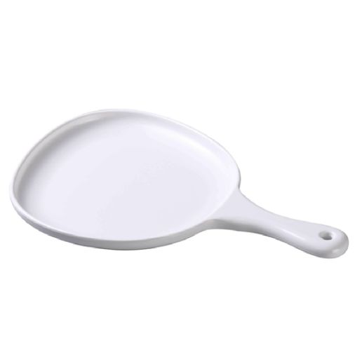 Yanco Pan Plate with Handle MO-810 Crafted from high-quality melamine, this plate boasts a sleek matte finish in an elegant white hue that will impress even the most discerning guests. The organic shape of the plate, with its unique curves and contours, adds a touch of sophistication to any dish you serve. The plate also features a convenient handle for easy carrying and serving.