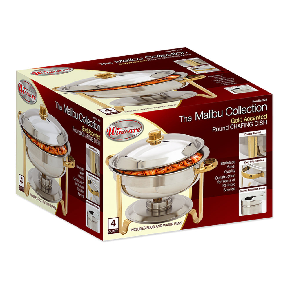 the round malibu chafing dish is the perfect addition to any get together It can hold up to four quarts of food and is made of stainless steel durable and easy to clean chafing dish deluxe set for catering large gatherings dining easy refills transportation dent rust resistant safe for food keeps food warm for longer