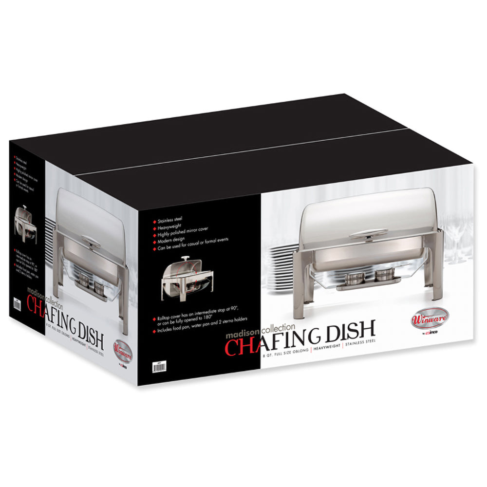An 8 quart full size Madison heavyweight chafer consisting of a rectangular polished stainless steel chafer with roll top lid and a sturdy frame. The chafer is set up with a water pan, food pan, and fuel holders for maintaining consistent temperature and keeping food warm. The chafer is ideal for catering or large scale buffet events