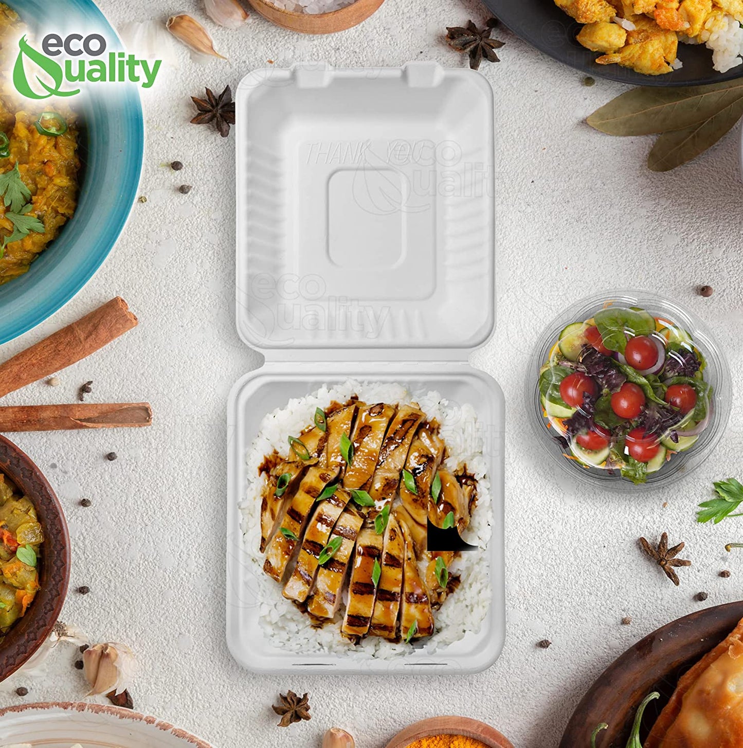 economical wax tree free Tree Free Stackable Square Hinged Clamshell Rice Plates Restaurants Parties Microwaveable Freezer Safe Heavy Duty Grease and Leak Resistant Proof Food Trucks Food Containers foam plastic alternative Ecofriendly Product Compostable Biodegradable Sugarcane Bagasse Clam Shell Take Out Containers carryout leftover mealprep burger box BPA Free 8x8x3 Take Out To Go Box