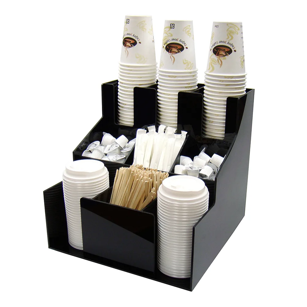 3 Tier Coffee Cup Dispenser, Cup & Lid Organizer, 12 5/16"L x 12 3/4"W x 13 1/8"H, Plastic, Black