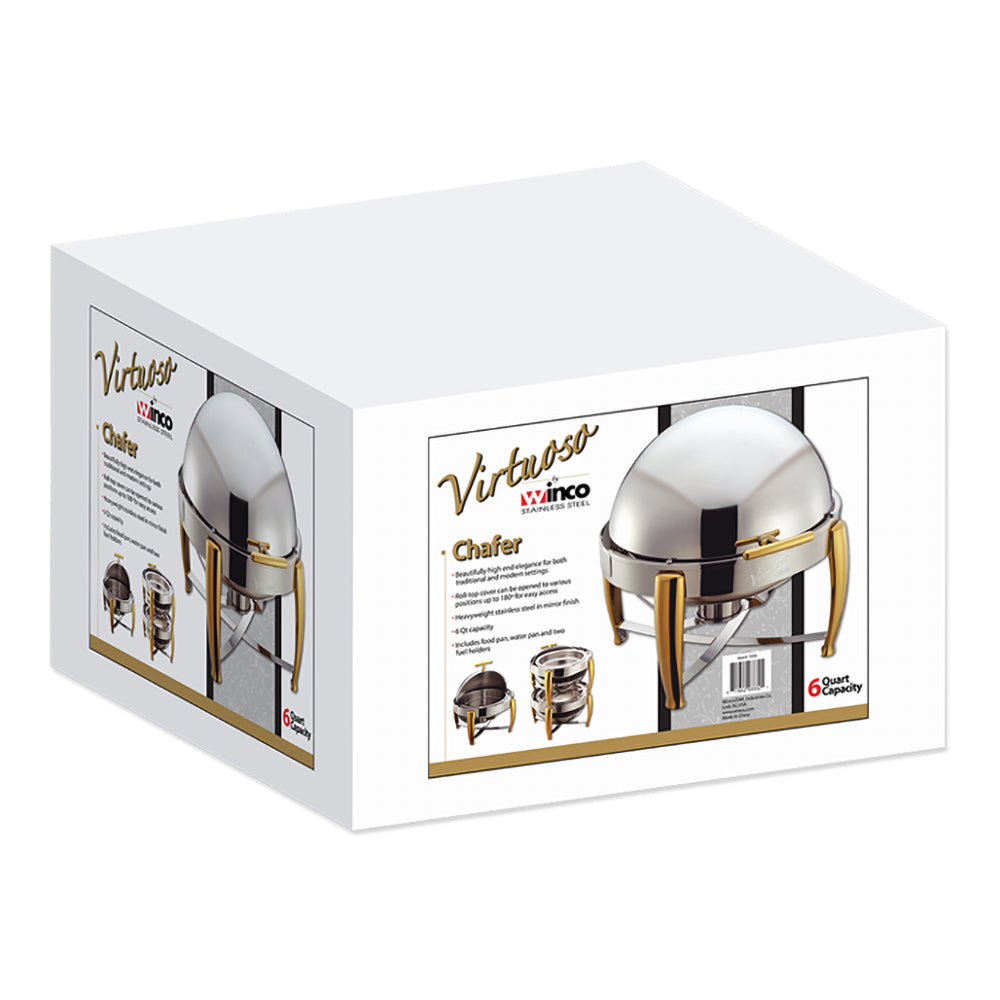 A 6 quart round Virtuoso extra heavyweight chafer consisting of a round polished stainless steel chafer with roll top lid and a sturdy frame. The chafer is set up with a water pan, food pan, and fuel holder for maintaining consistent temperature and keeping food warm. The chafer is ideal for catering or large scale buffet events