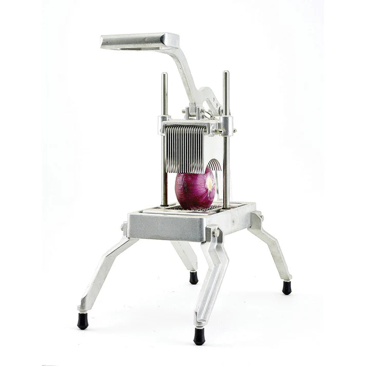 Kattex Onion Quick Slice 2/Pack constructed from aluminum and features durable stainless steel blades. There is a lever handle for quick and easy cuts with one motion. The base features non-skid feet to keep the slicer securely in place while in use. This model is also NSF listed.