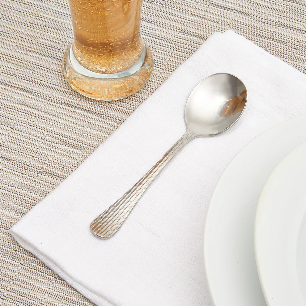 Winco 0023-04, 18/0 Hammered Finish, Med Weight Caspian Bouillon Spoon