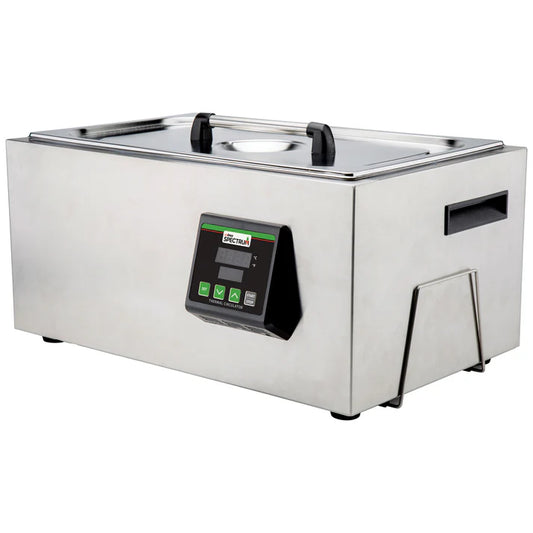 Sous Vide Cooker Tank 1/Pack provides the precision cooking of a traditional sous vide head with the convenience of an all-in-one unit. The 7.4 gallon (28 liter) cooking drawer is designed to gently circulate water reducing heat fluctuations for ideal cooking conditions. The lid conveniently clips to the side of the suis vide cooker when not in use. When time to cleanup, a built-in drain and faucet allow the unit to be drained directly into the sink.