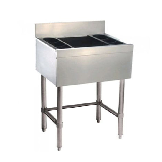 A durable Prepline 18" x 36" stainless steel underbar ice bin with a sleek design, 112 lb. ice capacity, and 8" bowl depth. Perfect for bars or restaurants, it ensures efficient ice storage and easy access for busy service areas.