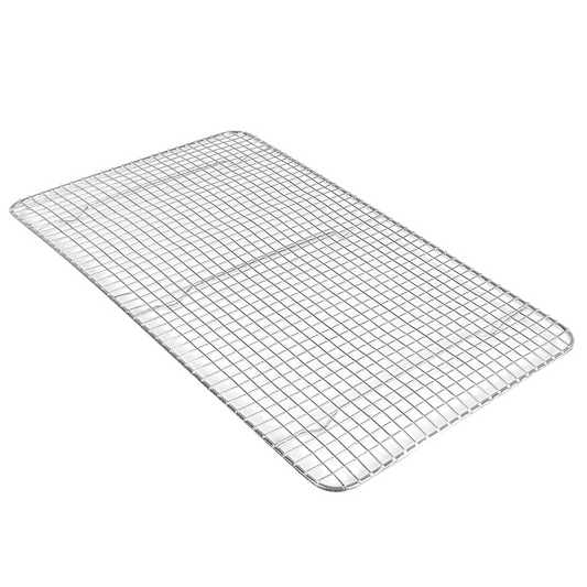 Pan Grate for Steam Pan 12/Pack featuring short feet raises foods off the pan bottom to prevent sticking and to drain off water. Moisture can fall off food through the wire grates and collect in the bottom of the pan. This unit’s wire construction is chrome-plated to provide a durable, protective finish.