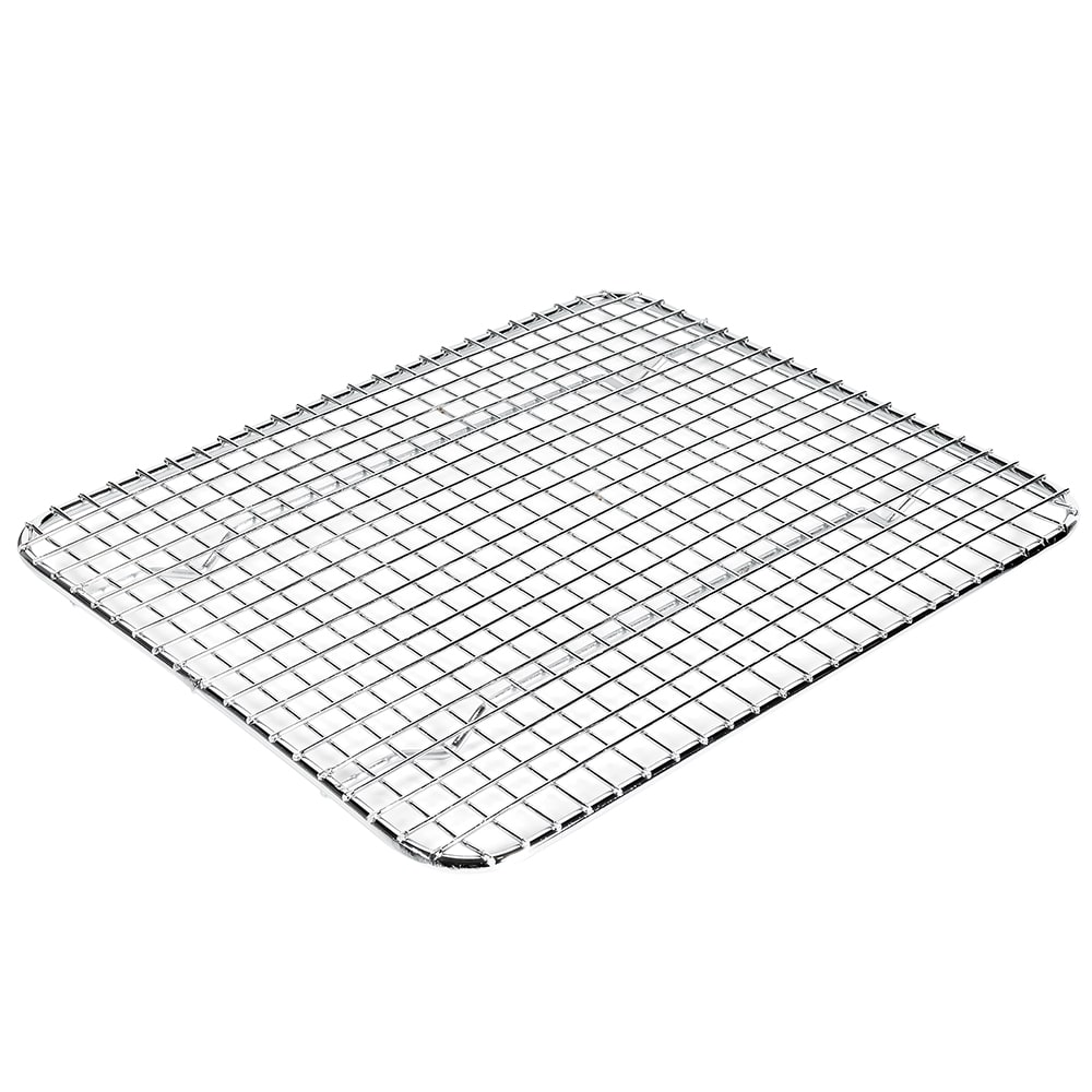 Pan Grate for Steam Pan 12/Pack featuring short feet raises foods off the pan bottom to prevent sticking and to drain off water. Moisture can fall off food through the wire grates and collect in the bottom of the pan. This unit’s wire construction is chrome-plated to provide a durable, protective finish.
