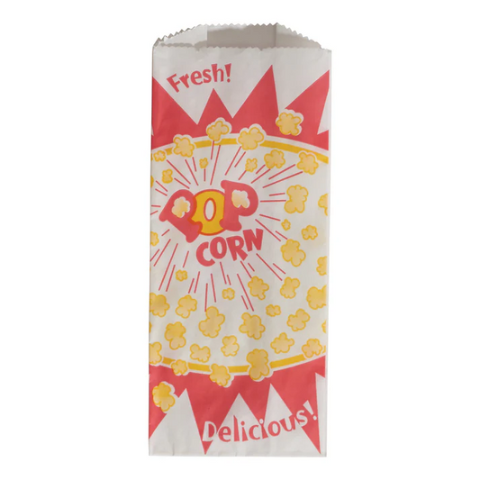 (1oz, 1.5oz, 2oz) Paper Popcorn Bags presenting the most economical way to serve popcorn. These disposable serving bags have a colorful design and are ideal for high volume locations like concession stands.Artwork subject to change without notice.