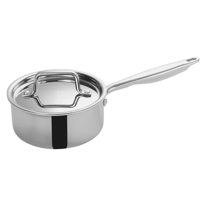 (1.5qt 6/Pack, 2.5qt 6/Pack, 3.5qt 4/Pack, 4.5qt 4/Pack, 7qt 2/Pack) Sauce Pan features a tri-ply construction consisting of a magnetic stainless steel exterior, an aluminum core, and an 18/8 stainless steel interior cooking surface. This sauce pan comes with a tight-fitting lid that traps in moisture and helps maintain consistent temperatures. Use it in your commercial kitchen to cook vegetables, sauce, stew and more.