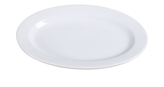 Oval Platter features a rolled edge design crafted from reliable, super white porcelain. Safe for dishwasher, oven, and microwave use, it offers versatile convenience for everyday meals or special occasions in restaurants and home use. Ideal for serving salads, desserts, and appetizers, this elegant platter combines durability with style to enhance your dining experience.