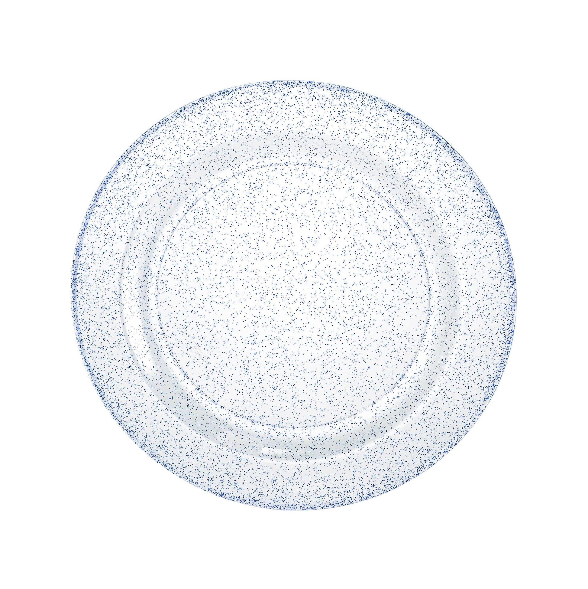 Blue glitter plates in 7.5", 9", and 10.25" sizes; durable disposable design for weddings, parties, and festive celebrations