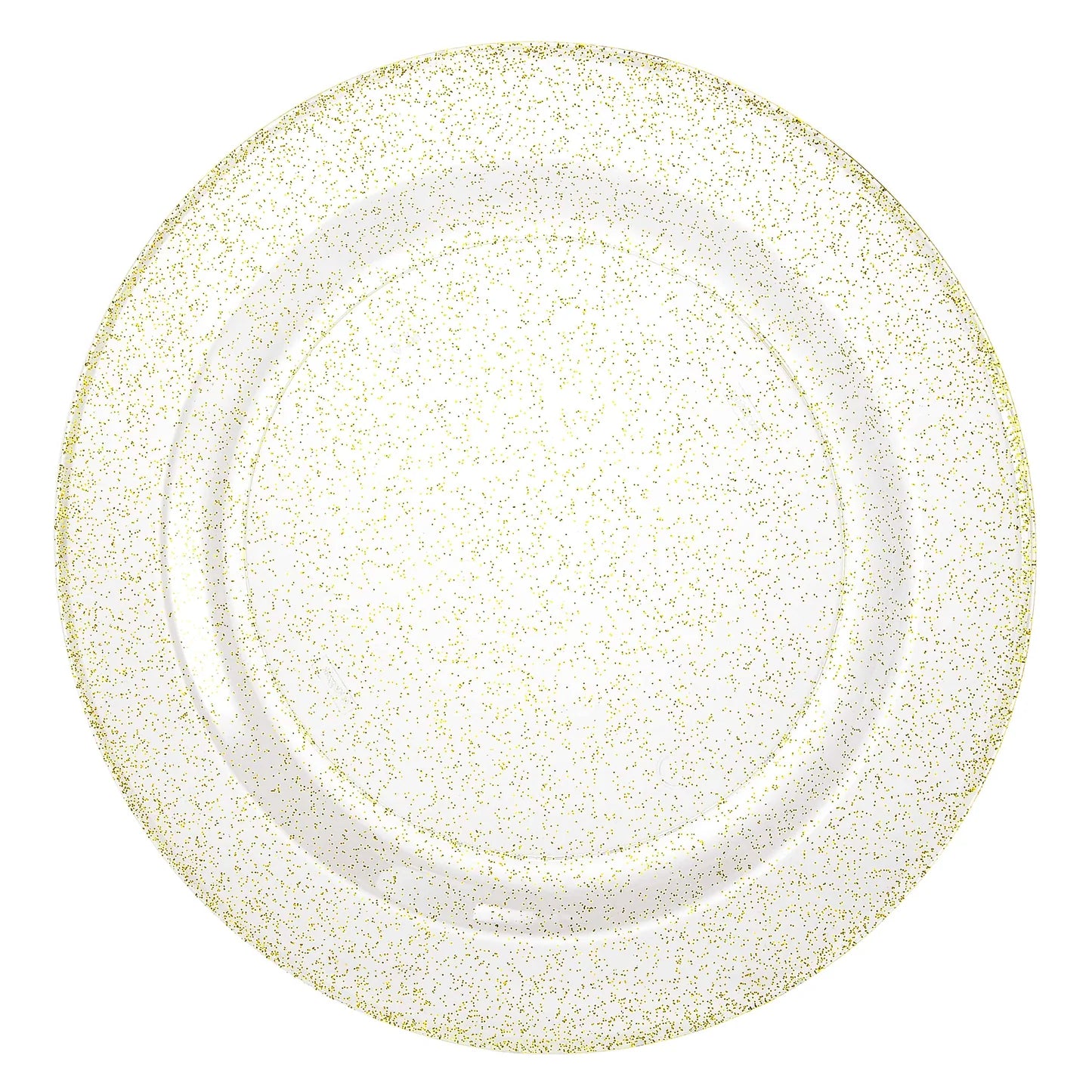 Elegant gold glitter plates in 7.5", 9", and 10.25" sizes; sturdy disposable design for weddings, parties, and special events