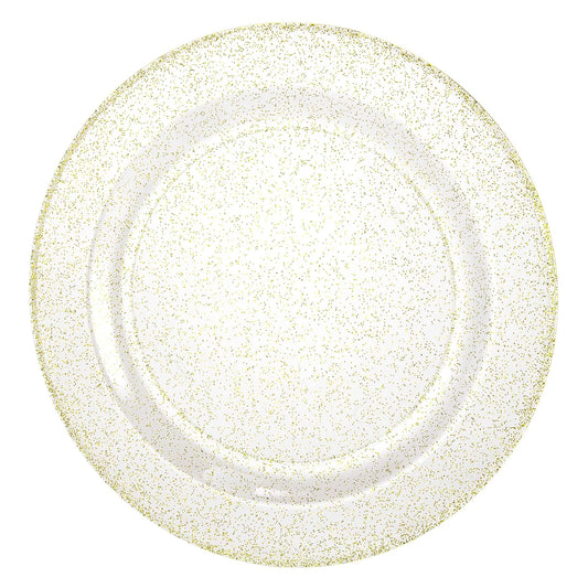 Elegant gold glitter plates in 7.5", 9", and 10.25" sizes; sturdy disposable design for weddings, parties, and special events