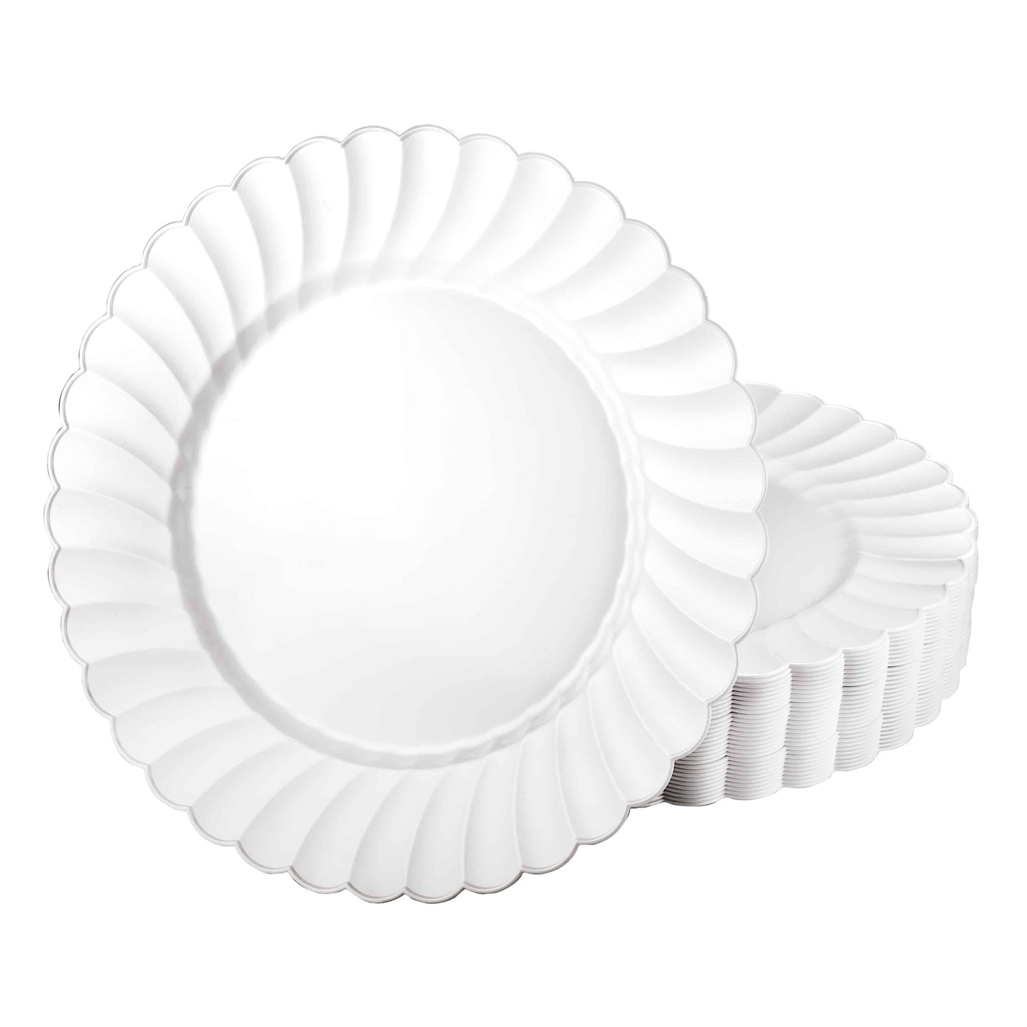 Scalloped Pearl disposable plates in 7.5-inch and 10.25-inch sizes with elegant pearl finish and scalloped edges, perfect for weddings, parties, and upscale dining events