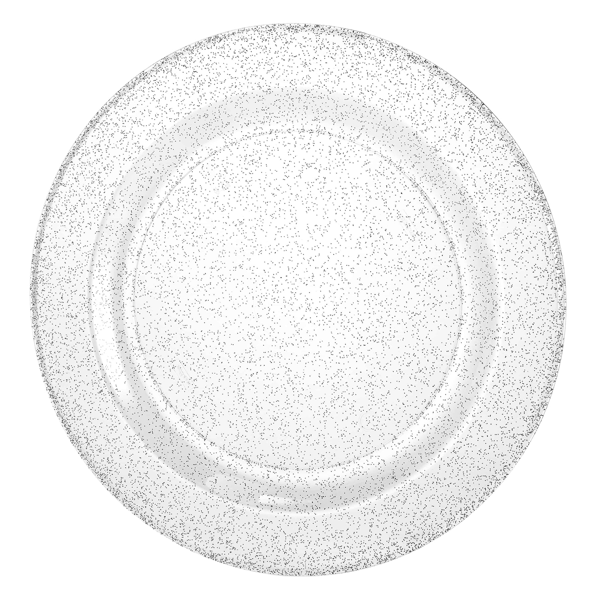 Silver glitter plates in 7.5", 9", and 10.25" sizes; elegant disposable design for weddings, parties, and special events